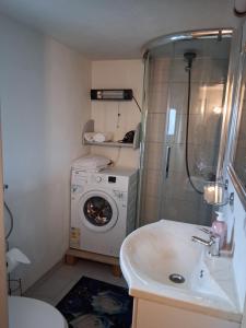 ein Badezimmer mit Waschmaschine und Waschbecken in der Unterkunft Zimer Nada in Treglwang