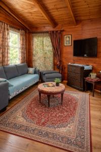 a living room with a couch and a coffee table at family cabin in Menaẖemya