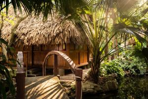 a bench in front of a hut with a palm tree at Hang Lan Ecolodge in Ninh Binh