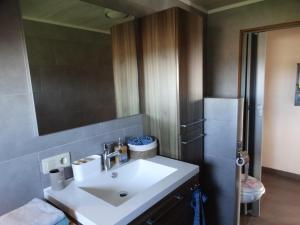 a bathroom with a white sink and a mirror at 'T Lang Zweerd in Middelkerke +35 photos