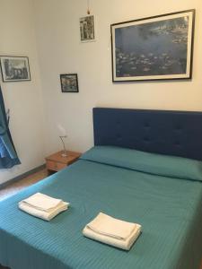 ein Schlafzimmer mit einem blauen Bett mit zwei Handtüchern darauf in der Unterkunft Delightful apartment 100 meters from the Colosseum in Rom