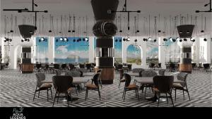 a dining room with tables and chairs and chandeliers at Flow Aqua Legends Resort Sahl Hasheesh in Hurghada