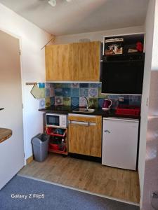 a small kitchen with a sink and a refrigerator at joli studio vue montagne in Allos +16 photos