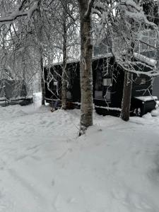 a house is covered in snow next to trees at Santa Elves Cabin in Rovaniemi