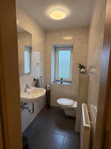 a bathroom with a sink and a toilet and a window at Ferienhaus in Glauchau, Garten, Grillmöglichkeit, Privatparkplatz, Kaffeevollautomat, Wlan, Netflix in Glauchau +7 photos