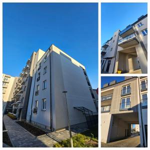 two pictures of a building and a street light at Vistula Center in Płock