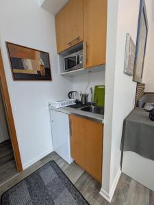 a small kitchen with a sink and a microwave at Wohnung Schlossblick in Celle