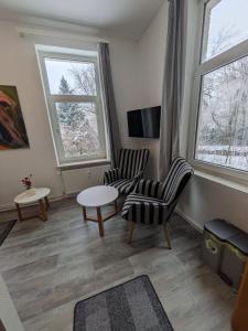 a living room with two chairs and a table and two windows at Wohnung Schlossblick in Celle