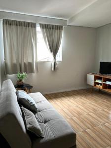 a living room with a couch and a television at Apartamento 1 quarto, sala e cozinha próximo ao Aeroporto in Vitória