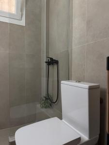a white toilet in a bathroom with a shower at Dolphin in Kavála +13 photos