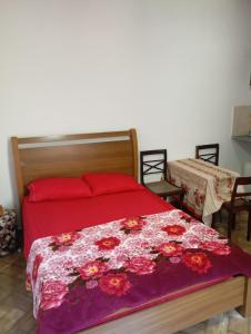 a bedroom with a bed with red sheets and red pillows at Kitnet Da Cláudia e Geovani in Miguel Pereira