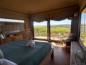 a bedroom with a bed and a large window with a view at Pebble Point in Princetown