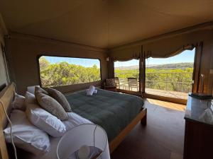 a bedroom with a large bed and a large window at Pebble Point in Princetown