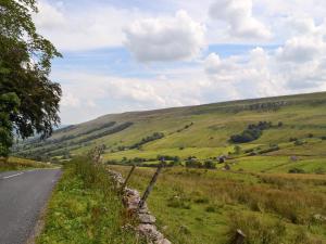 a road in the middle of a green field at Brandy's Barn in Middleham +2 photos