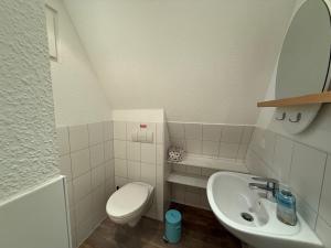 a small bathroom with a toilet and a sink at Glücklich am Strand - Ruhe im Kiefernwald mit Terrasse & Hund willkommen - Heinrich in Trassenheide +21 photos