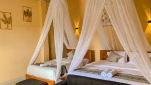two beds in a room with mosquito nets at Geriya Sena in Munduk