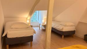 two twin beds in a room with a mirror at Château du Rondon in Olivet