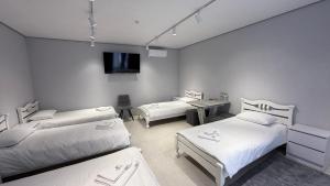 a room with two beds and a tv on the wall at Hostel VinoGrad in Haysyn