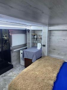 a small room with a table and a large rug at Central Location Stay in Chişinău