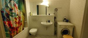 a bathroom with a sink and a toilet and a mirror at zu den blauen Schwertern in Meißen