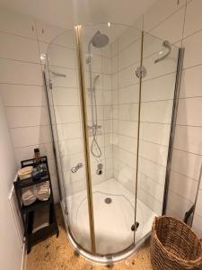 a shower with a glass door in a bathroom at Gästehaus am Privatsee in Biederitz +27 photos