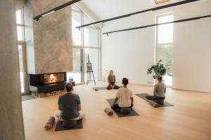 a group of people sitting in a yoga class in front of a fireplace at Dharma Resort in Rässa