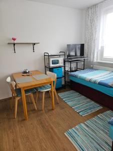 a small room with a table and a bed and a desk at Apartmán pro dvě osoby Ostrov in Ostrov