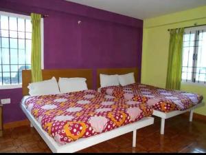 a bedroom with a large bed with purple walls and windows at Chaudhary dharamshala in Jāmb