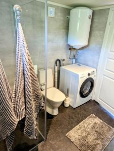 a bathroom with a toilet and a washing machine at Tiny house accommodation in Frillesås! in Frillesås