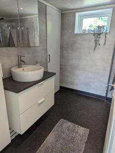 a bathroom with a sink and a shower at Tiny house accommodation in Frillesås! in Frillesås +22 photos