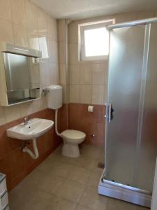 a bathroom with a toilet and a sink and a shower at Pink Holiday House Sutomore in Zankovići +5 photos