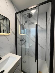 a bathroom with a glass shower and a sink at The Resting Place in Aberystwyth +21 photos