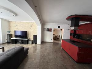 a living room with a couch and a flat screen tv at Vianelli apartman in Zamárdi