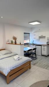 a bedroom with a bed and a kitchen at u Skiby in Krajno Pierwsze