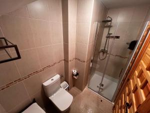 a small bathroom with a toilet and a shower at Hotel Puente de Piedra in Zamora +16 photos