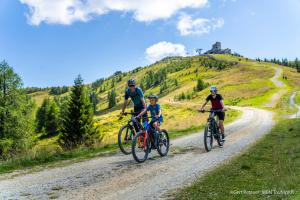 a group of people riding bikes down a dirt road at Pension Südhang in Bad Kleinkirchheim +35 photos