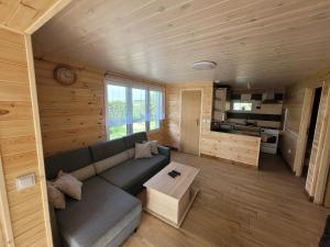 a living room with a couch and a coffee table at Domek nad Gopłem in Połajewek