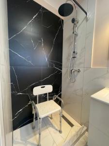 a shower with a stool in a bathroom at ZiAna - Hiperbara Livezeni in Livezeni