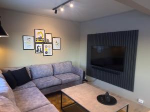 a living room with a couch and a flat screen tv at Fishermans Villa Ballstad - Lofoten in Ballstad