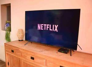 a flat screen tv sitting on top of a wooden entertainment center at Zilte zee Ameland in Buren