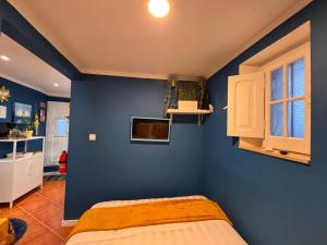 a bedroom with a blue wall and a bed at Studio Sto Antonio Alfama in Lisbon +9 photos