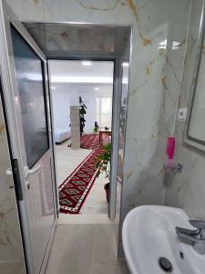 a bathroom with a sink and a walk in shower at Sokaku Apartment in Gjirokastër