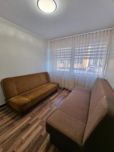 a living room with a couch and a window at Airida Forest Apartment in Druskininkai
