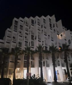 a large white building with palm trees in front of it at CHEZ FLO ET NANO in La Grande Motte