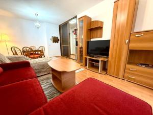 a living room with a red couch and a flat screen tv at Adela Mountain View Sinaia in Sinaia