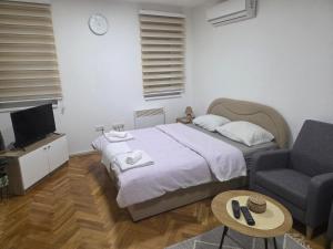 a bedroom with a bed and a couch and a tv at Apartman Studio 2 in Brčko