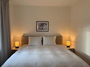 a bedroom with a white bed with two lamps at L'Excelsior Suites in Brasschaat