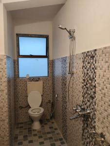 a bathroom with a toilet and a shower with a window at Coralberry Inn in Jāmb