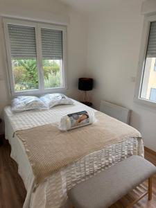 a bed in a bedroom with two windows at Jolie duplex face à la Seine in Villeneuve-le-Roi
