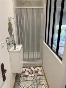 a bathroom with a shower with a toilet and a sink at Jolie duplex face à la Seine in Villeneuve-le-Roi